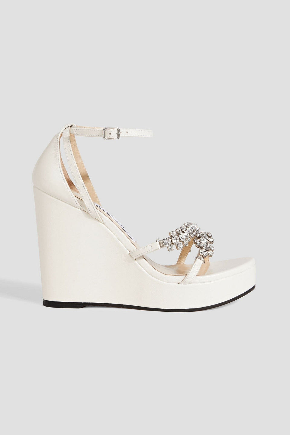 Jimmy Choo Bing 120 Crystal-Embellished Leather Wedge Sandals Ecru Women's