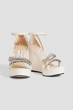 Jimmy Choo Bing 120 Crystal-Embellished Leather Wedge Sandals Ecru Women's