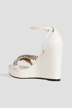 Jimmy Choo Bing 120 Crystal-Embellished Leather Wedge Sandals Ecru Women's