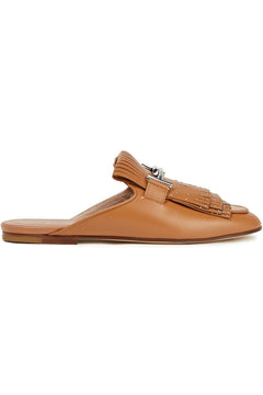 Tod's Double T Fringed Leather Slippers Light Brown Women's