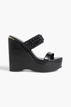 Jimmy Choo Amoure 130 Bead-Embellished Raffia And Leather Wedge Sandals Black Women's