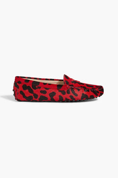 Tod's Gommino Leopard-Print Calf Hair Loafers Red Women's