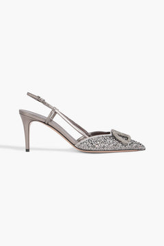 Valentino Garavani Vlogo Signature Crystal-Embellished Suede And Leather Slingback Pumps Gunmetal Women's