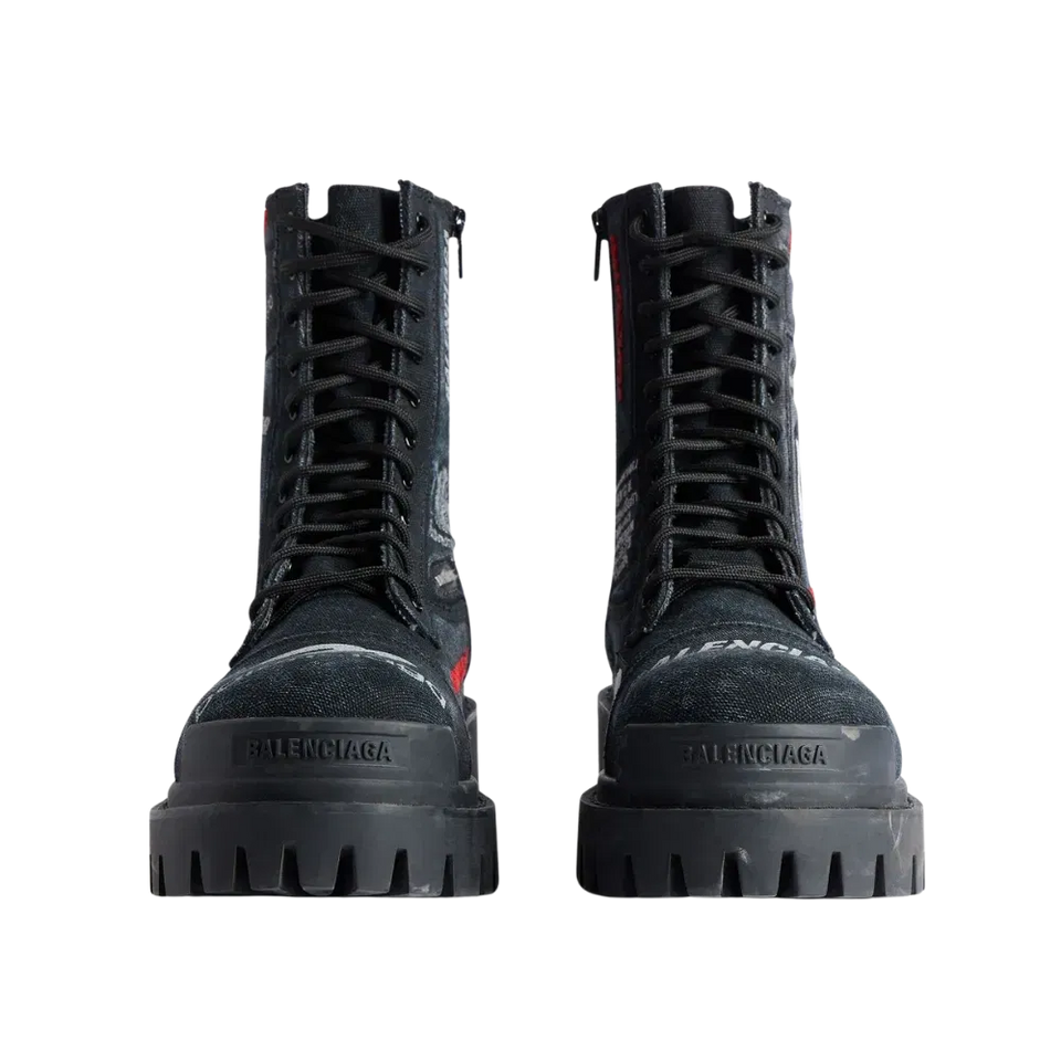 Balenciaga Combat Strike Boot In Black Cotton Canvas