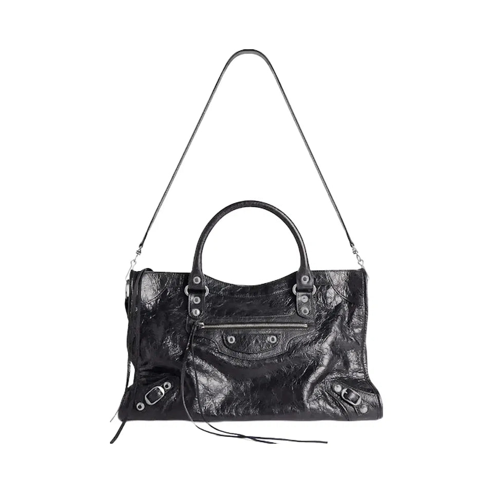 Balenciaga Le City Medium Bag In Black Arena Lambskin Shiny Silver Hardware Black