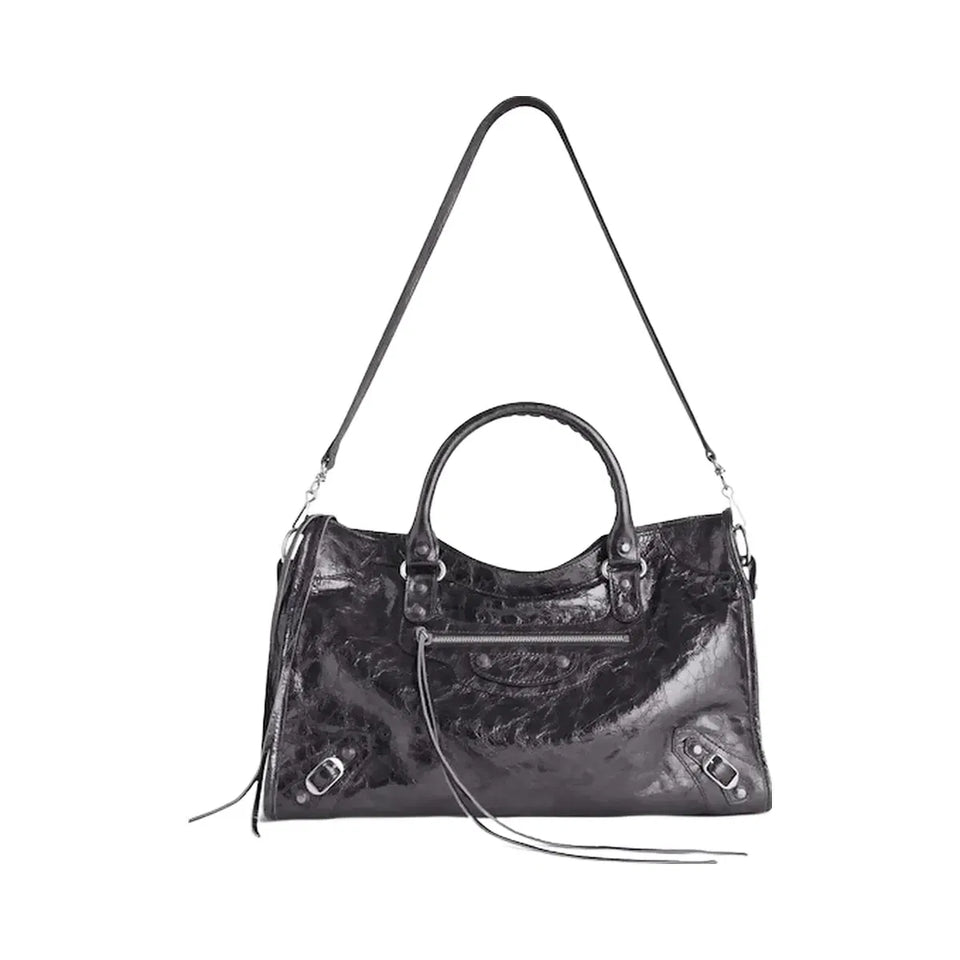 Balenciaga Le City Medium Bag In Steel Grey Metallized Arena Lambskin Shiny Silver Hardware Steel Grey