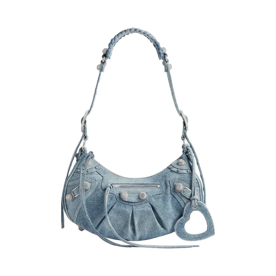 Balenciaga Le Cagole Small Shoulder Bag In Denim With Rhinestones
