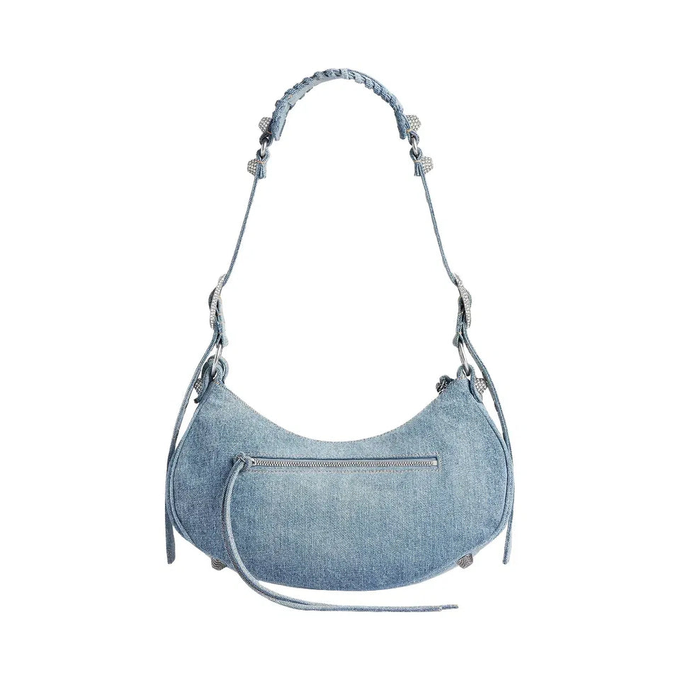 Balenciaga Le Cagole Small Shoulder Bag In Denim With Rhinestones
