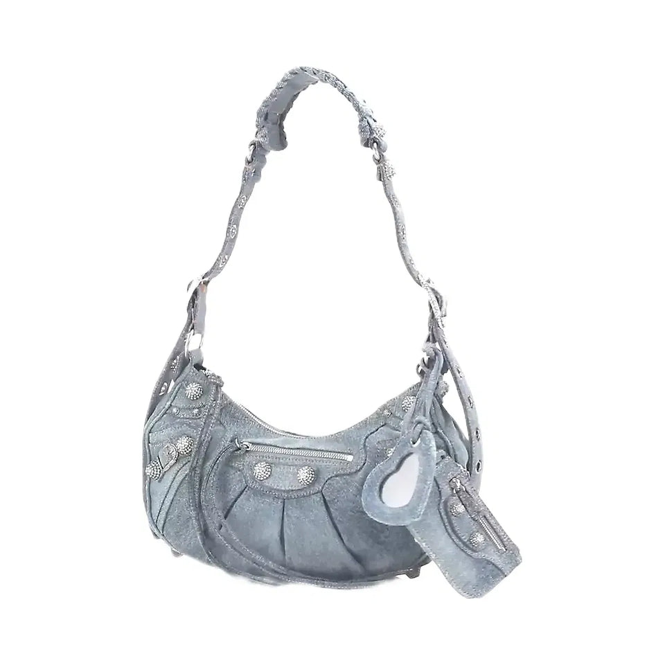 Balenciaga Le Cagole Small Shoulder Bag In Denim With Rhinestones