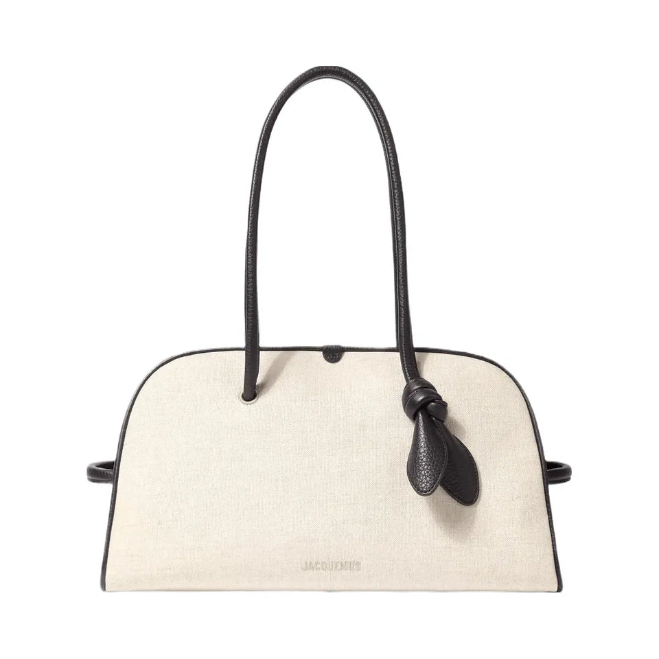 Jacquemus The Turismo Bowling Bag In Linen And Grained Leather Light Greige/Black