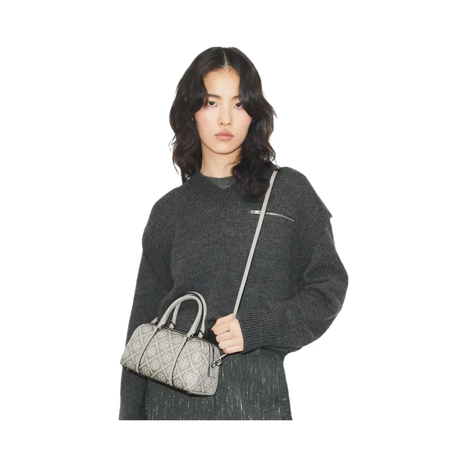 Tory Burch T Monogram Utility Mini Barrel Bag Gray