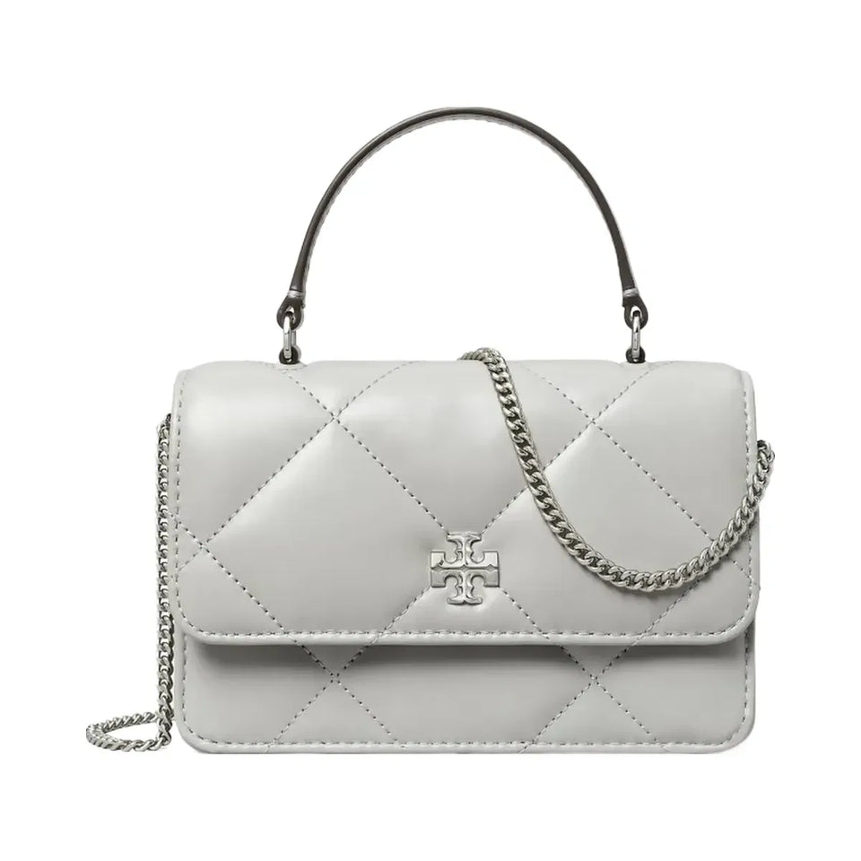 Tory Burch Mini Kira Diamond Quilt Charm Top-Handle Crossbody Gray