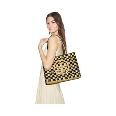 Tory Burch Small Ella Hand-Crocheted Checkered Tote Black / Natural