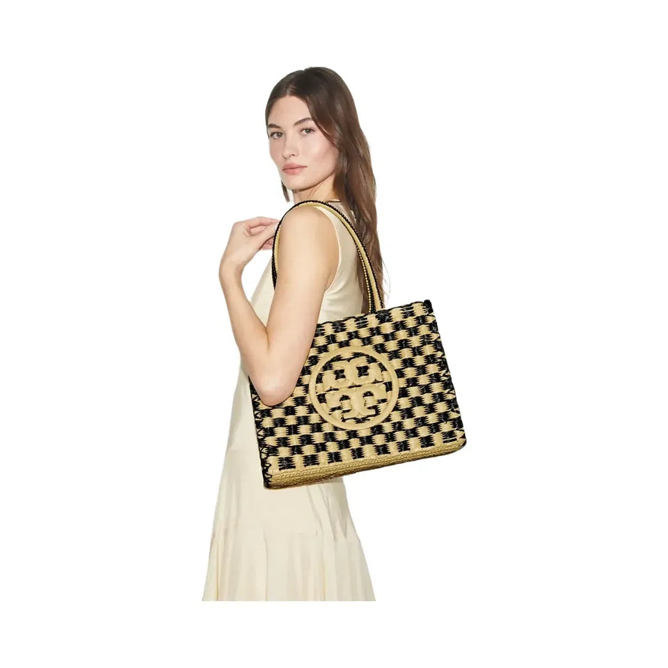 Tory Burch Small Ella Hand-Crocheted Checkered Tote Black / Natural