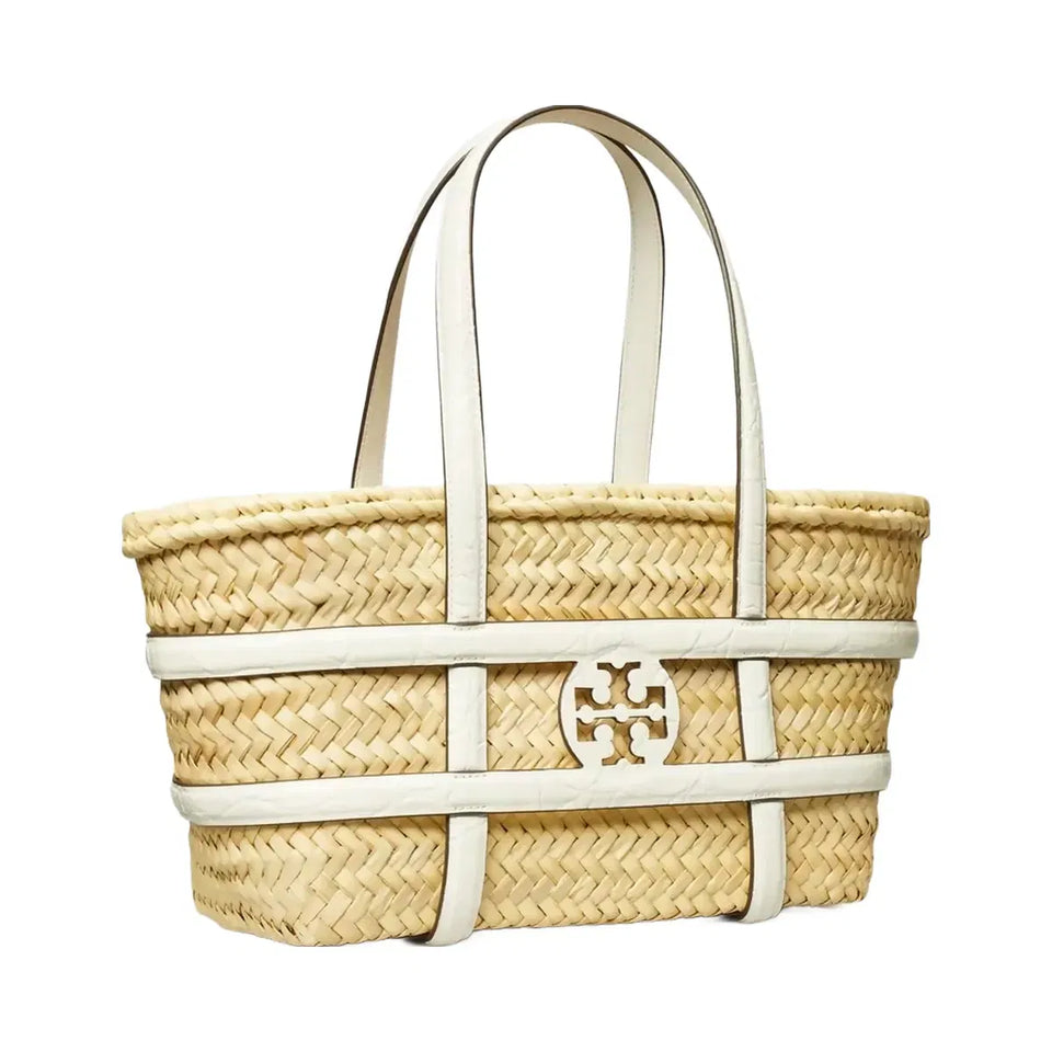 Tory Burch Small Ella Croc-Embossed Straw Basket Blanc