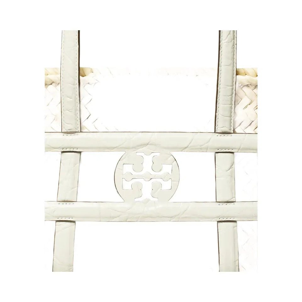 Tory Burch Small Ella Croc-Embossed Straw Basket Blanc