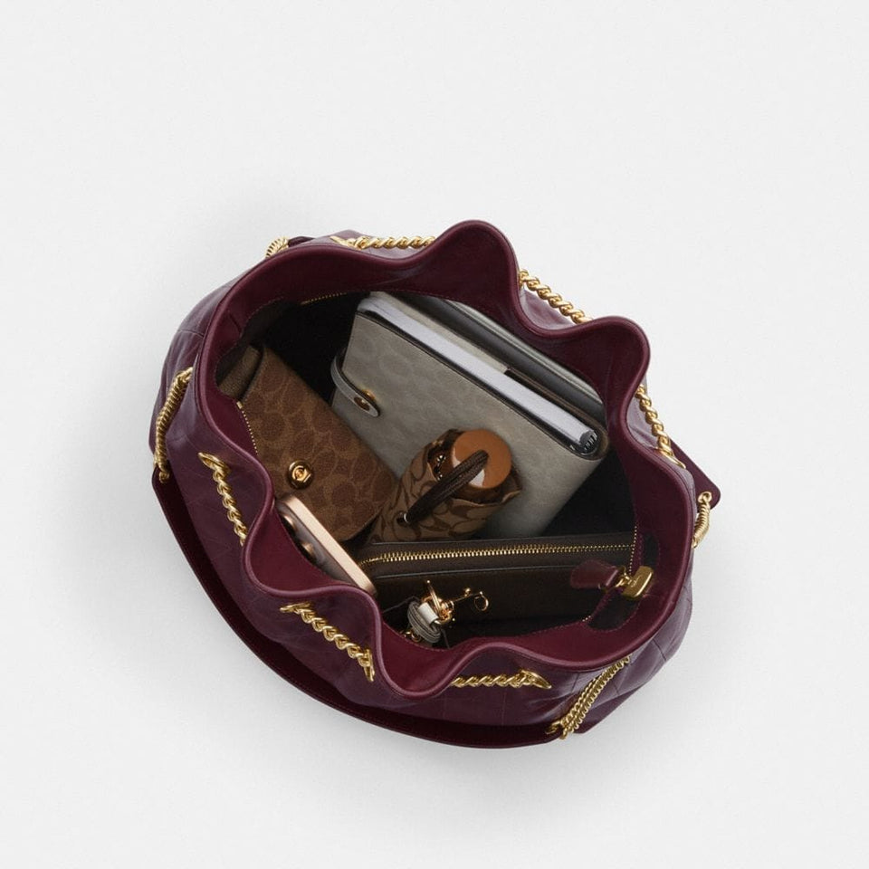 Coach Evelyn Large Shoulder Bag With Quilting Gold Dark Wine