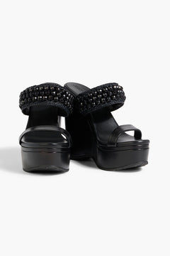 Jimmy Choo Amoure 130 Bead-Embellished Raffia And Leather Wedge Sandals Black Women's