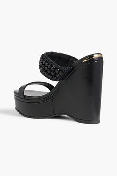 Jimmy Choo Amoure 130 Bead-Embellished Raffia And Leather Wedge Sandals Black Women's
