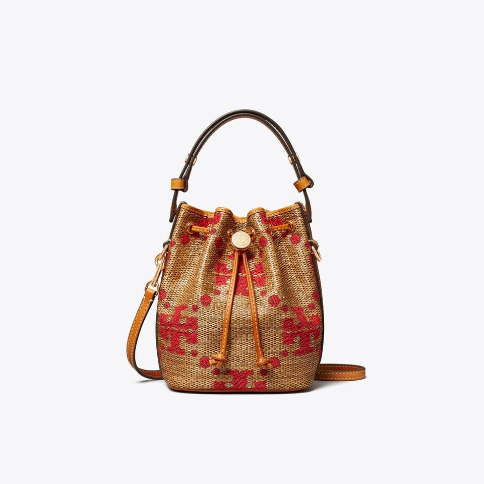 Tory Burch T Monogram Straw Mini Bucket Bag Natural