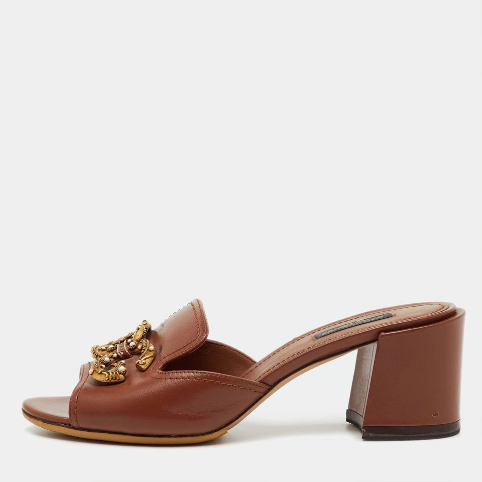 Dolce & Gabbana Brown Leather DG Amore Block Heel Slide