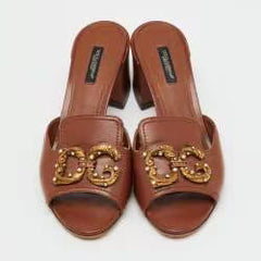 Dolce & Gabbana Brown Leather DG Amore Block Heel Slide
