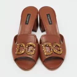 Dolce & Gabbana Brown Leather DG Amore Block Heel Slide