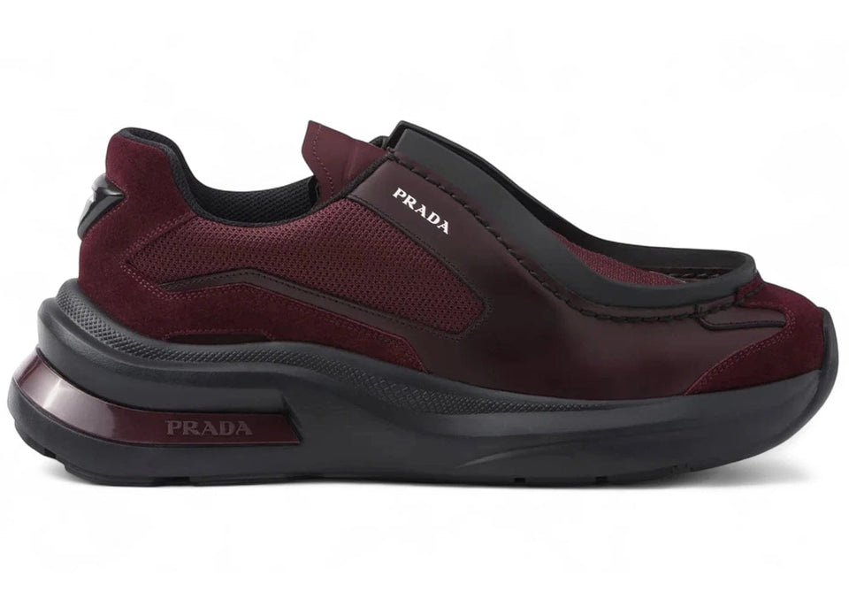 Prada Brushed Leather Sneakers Bike Fabric Suede Burgundy