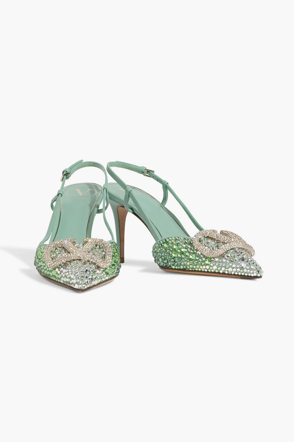 Valentino Garavani Vlogo Crystal-Embellished Leather And Suede Slingback Pumps Mint Women's