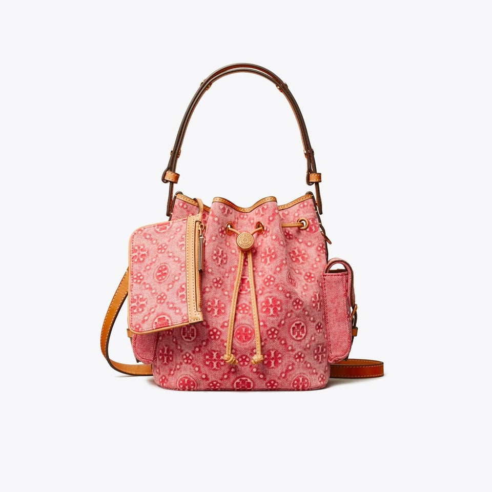 Tory Burch T Monogram Denim Bucket Bag Brilliant Red