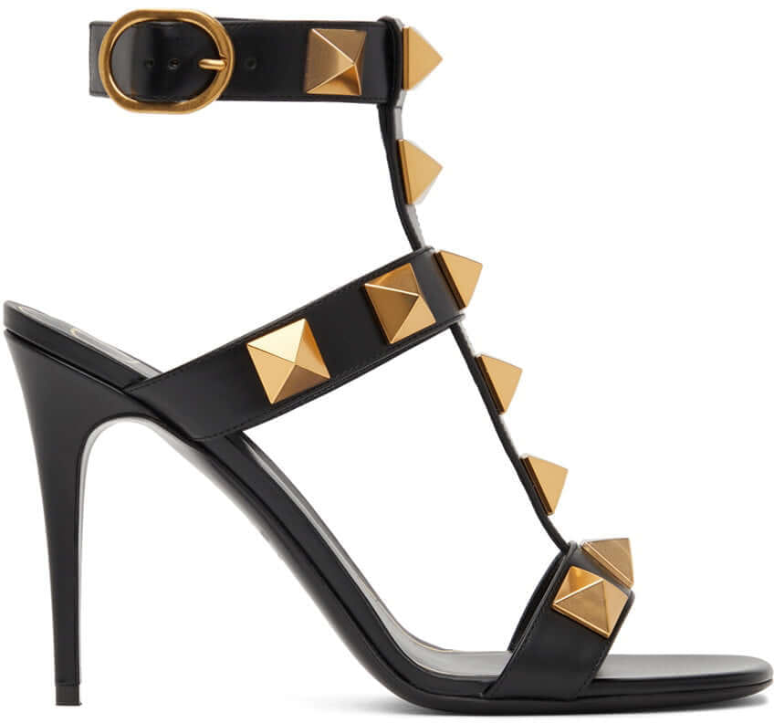 Valentino Garavani Black Calfskin Roman Stud 100 Heeled Sandals