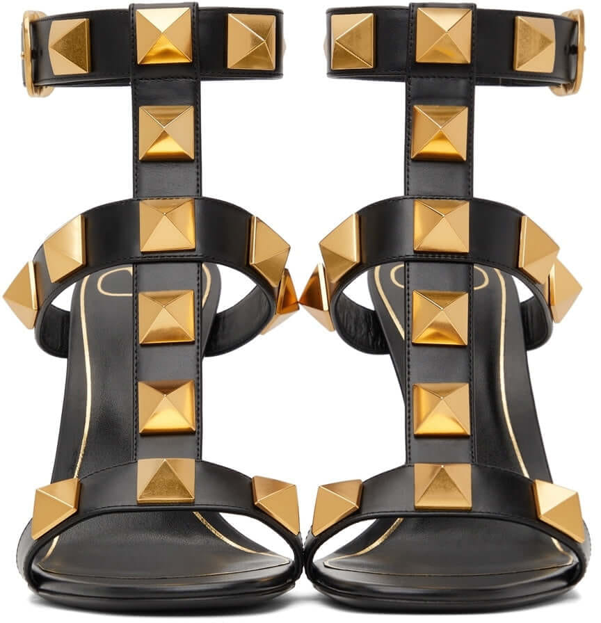 Valentino Garavani Black Calfskin Roman Stud 100 Heeled Sandals