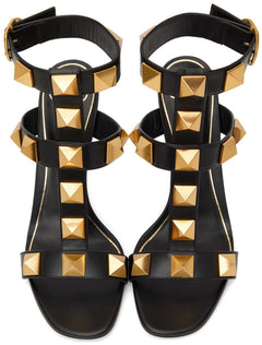 Valentino Garavani Black Calfskin Roman Stud 100 Heeled Sandals