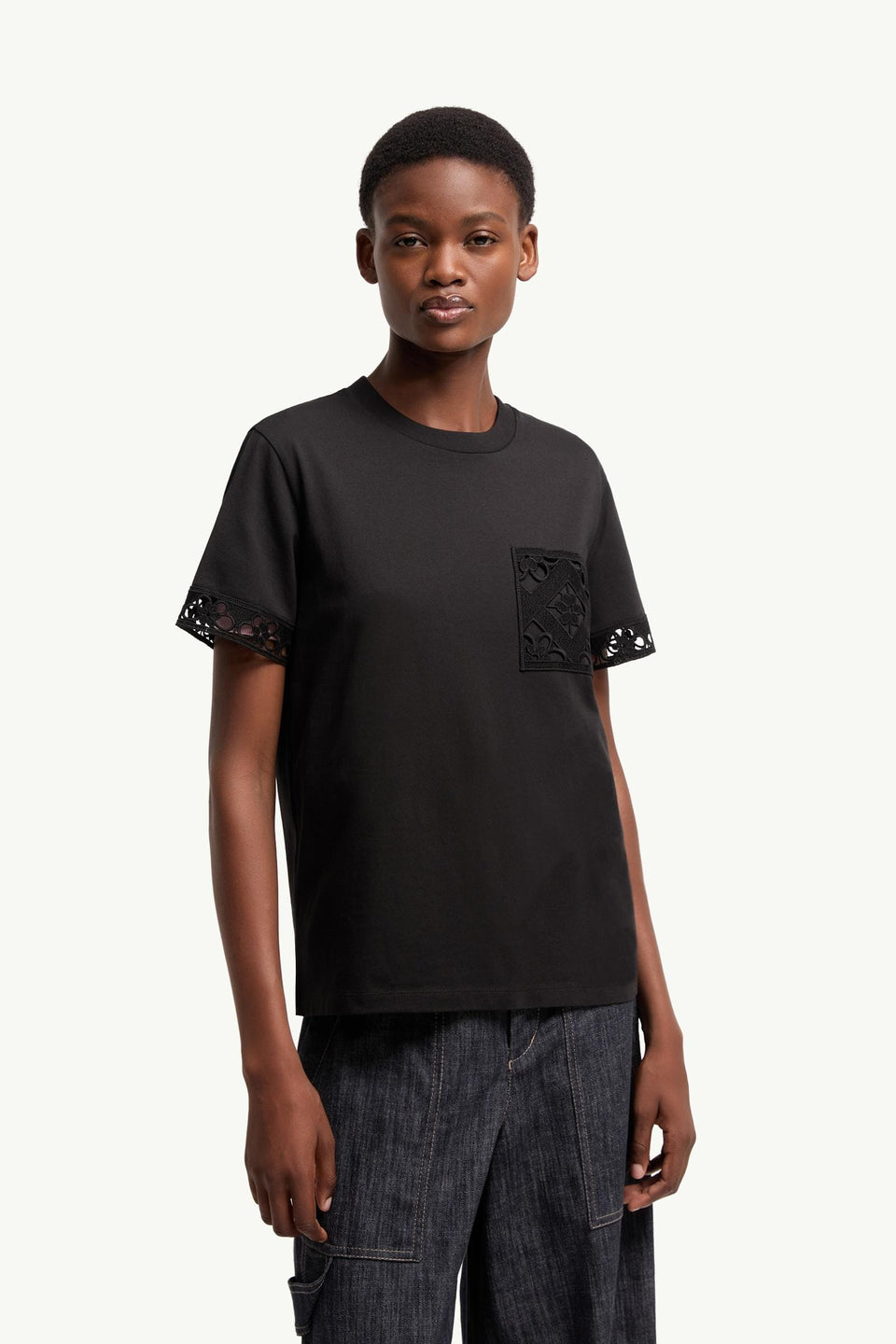 Moncler Macramé-Trimmed Cotton T-Shirt Black Black