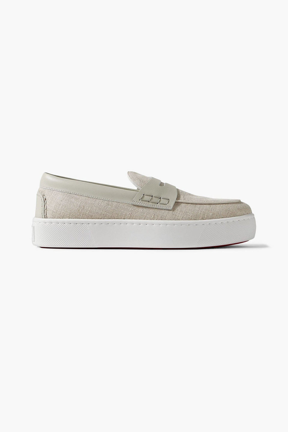 Christian Louboutin PaqueboatLeather-Trimmed Linen-Canvas Penny Loafers Light Gray