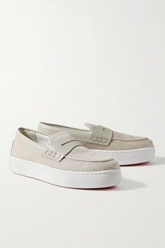 Christian Louboutin PaqueboatLeather-Trimmed Linen-Canvas Penny Loafers Light Gray