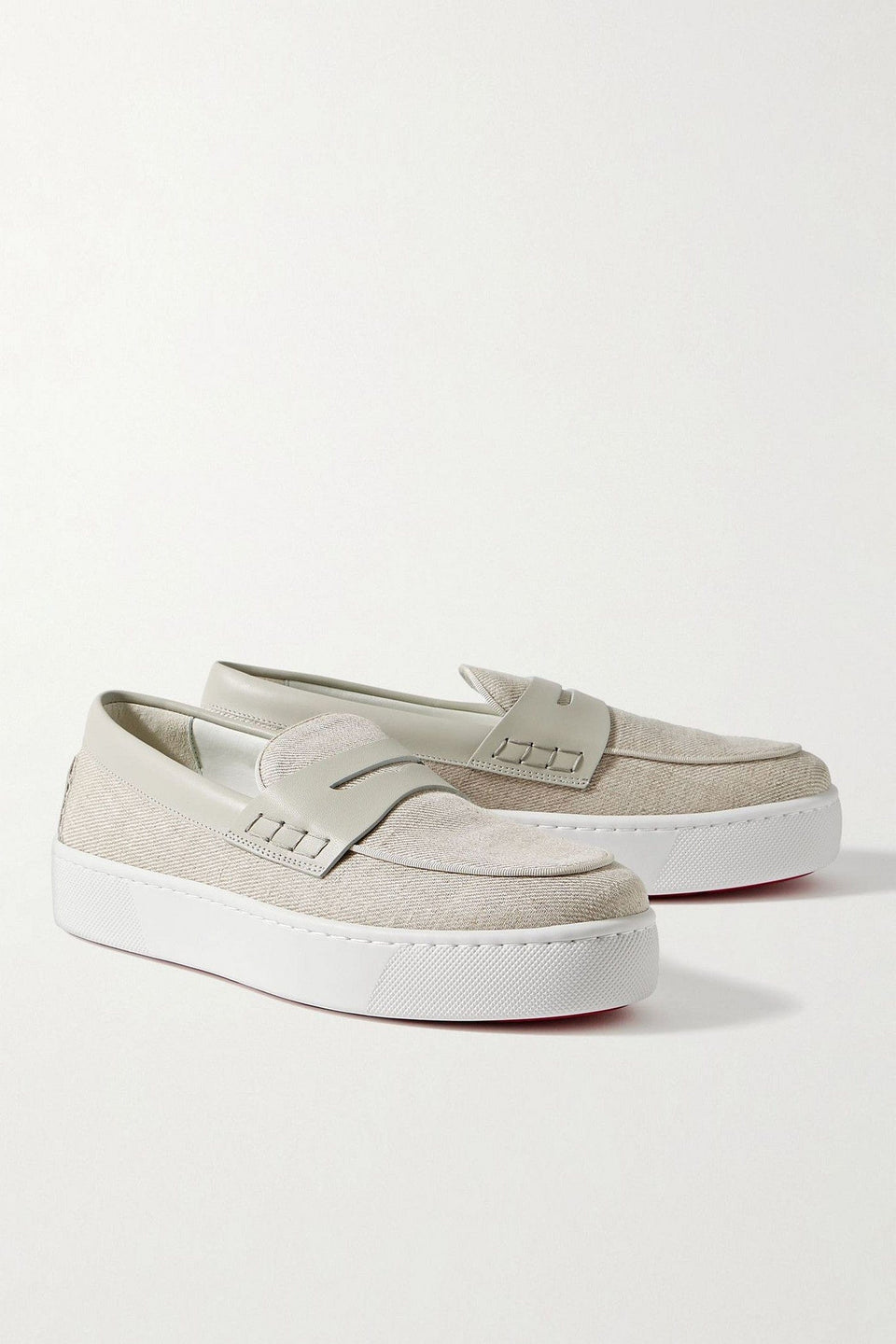 Christian Louboutin PaqueboatLeather-Trimmed Linen-Canvas Penny Loafers Light Gray