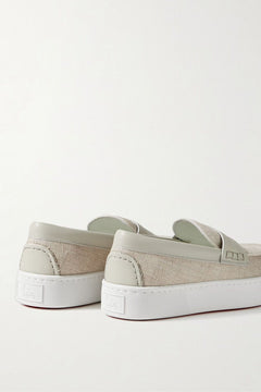 Christian Louboutin PaqueboatLeather-Trimmed Linen-Canvas Penny Loafers Light Gray