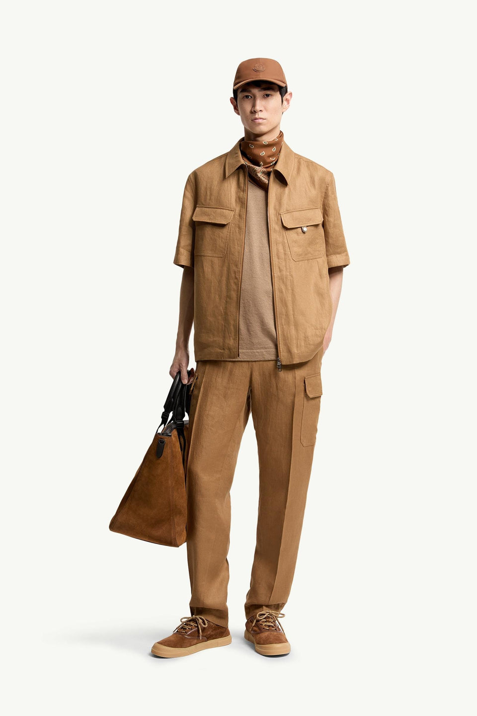Moncler Linen Twill Short Sleeve Zip-Up Shirt Light Brown Light Brown
