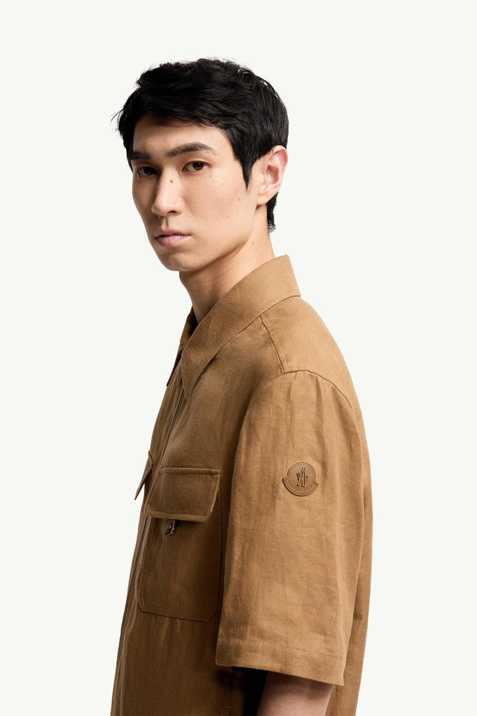 Moncler Linen Twill Short Sleeve Zip-Up Shirt Light Brown Light Brown