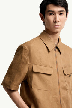 Moncler Linen Twill Short Sleeve Zip-Up Shirt Light Brown Light Brown