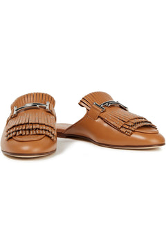 Tod's Double T Fringed Leather Slippers Light Brown Women's