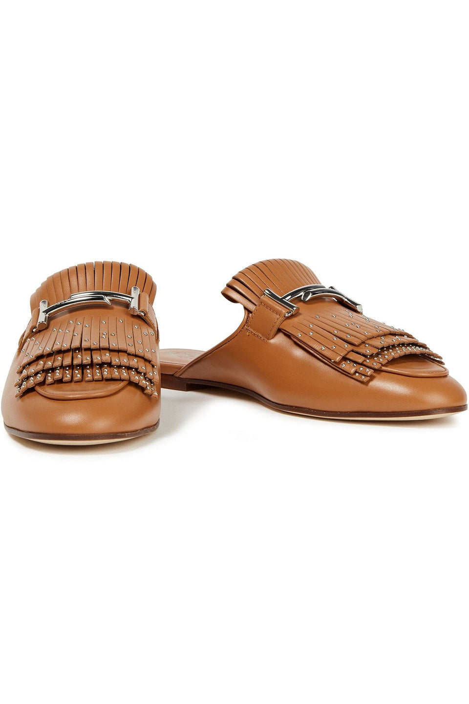 Tod's Double T Fringed Leather Slippers Light Brown Women's