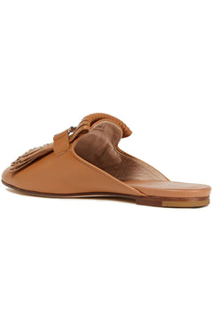 Tod's Double T Fringed Leather Slippers Light Brown Women's