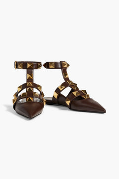 Valentino Garavani Roman Stud Leather Point-Toe Flats Chocolate Women's