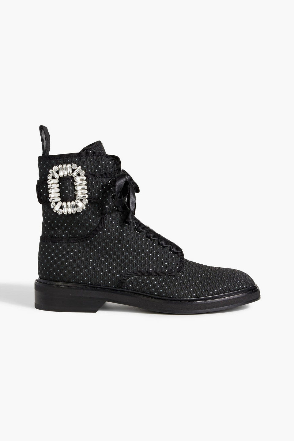 Roger Vivier Viv Buckled Metallic Jacquard Combat Boots Charcoal Women's
