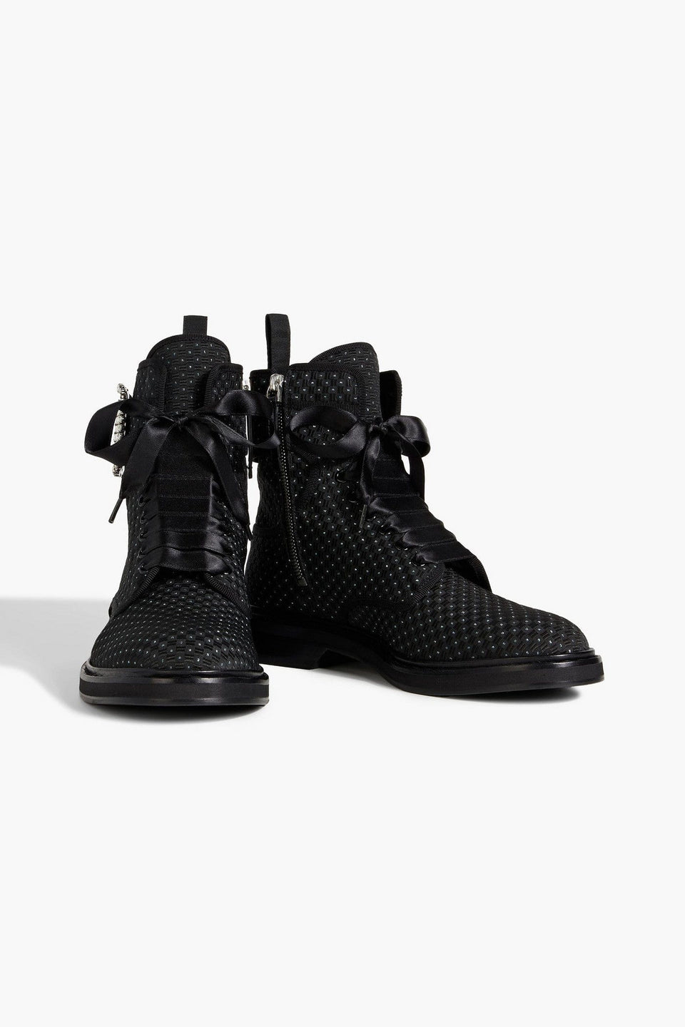 Roger Vivier Viv Buckled Metallic Jacquard Combat Boots Charcoal Women's