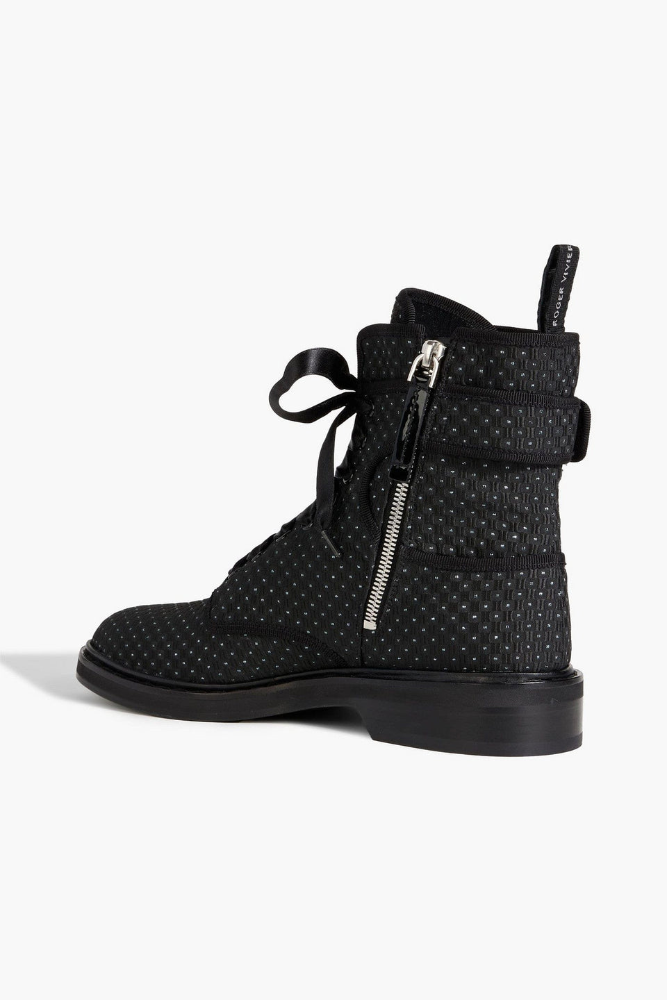 Roger Vivier Viv Buckled Metallic Jacquard Combat Boots Charcoal Women's