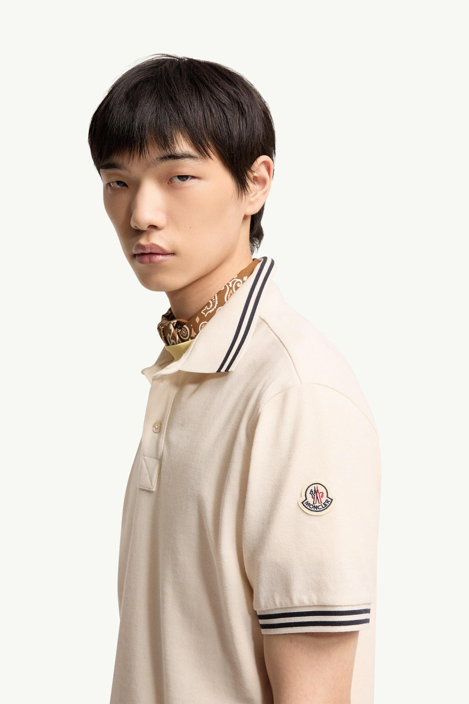 Moncler Striped Trim Cotton Piquet Polo Shirt White Ivory White Ivory