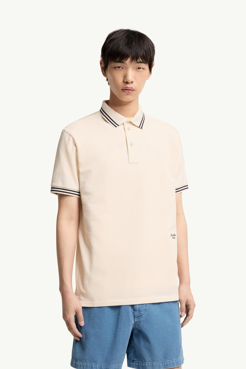 Moncler Striped Trim Cotton Piquet Polo Shirt White Ivory White Ivory